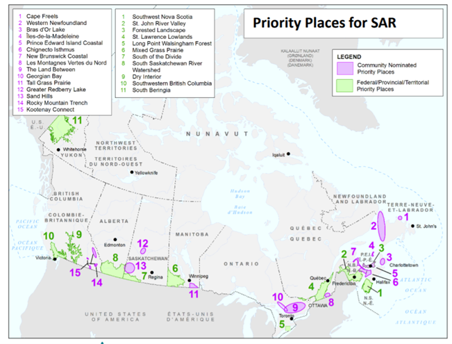 A map of priority places in Canada. Community Nominated Priority Places are shown in purple. Eastern Georgian Bay is #10 showing the Maamwi Anjiakiziwin initiative in Anishinaabek territory. Source: Environment and Climate Change Canada